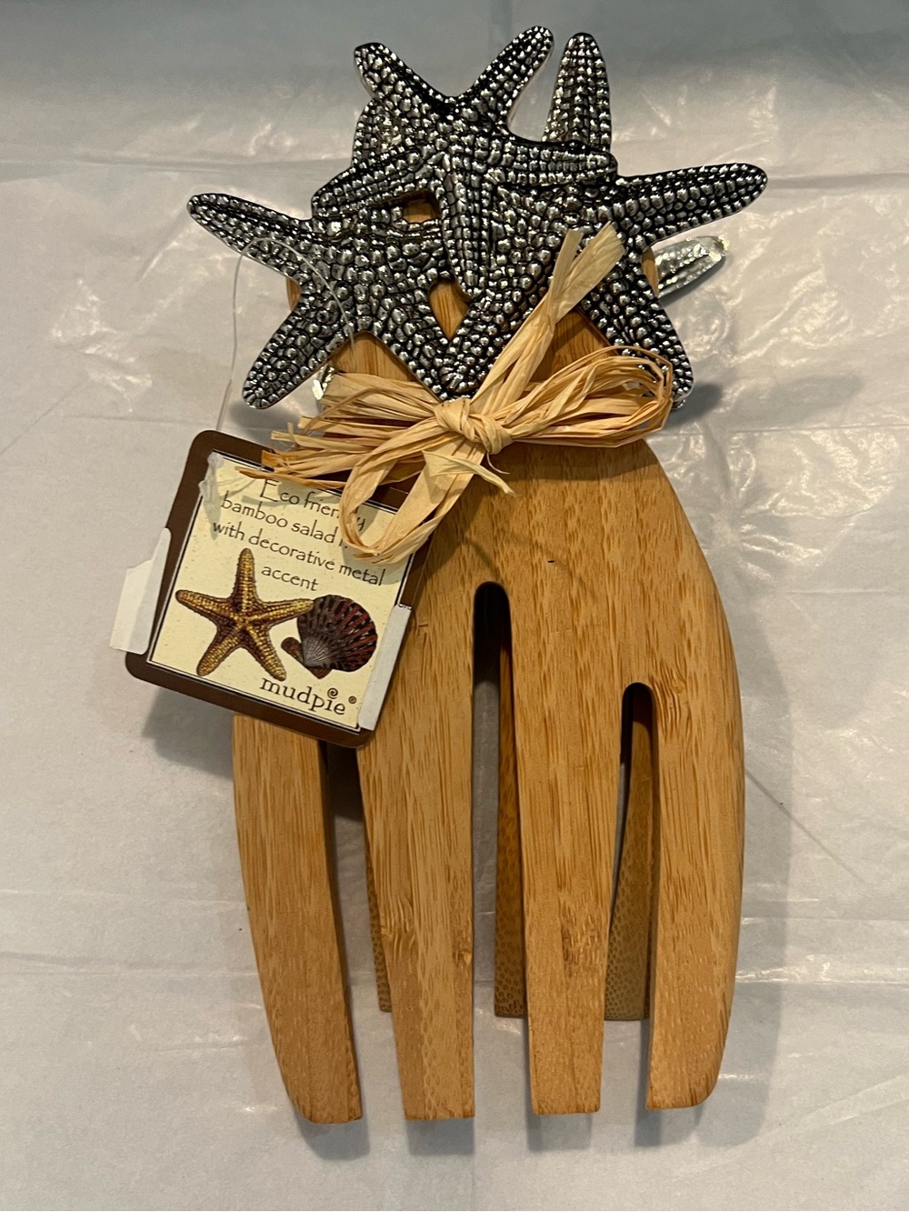 MUD PIE Bamboo Salad Hands Starfish Pewter Accents Coastal Beach Serving Set